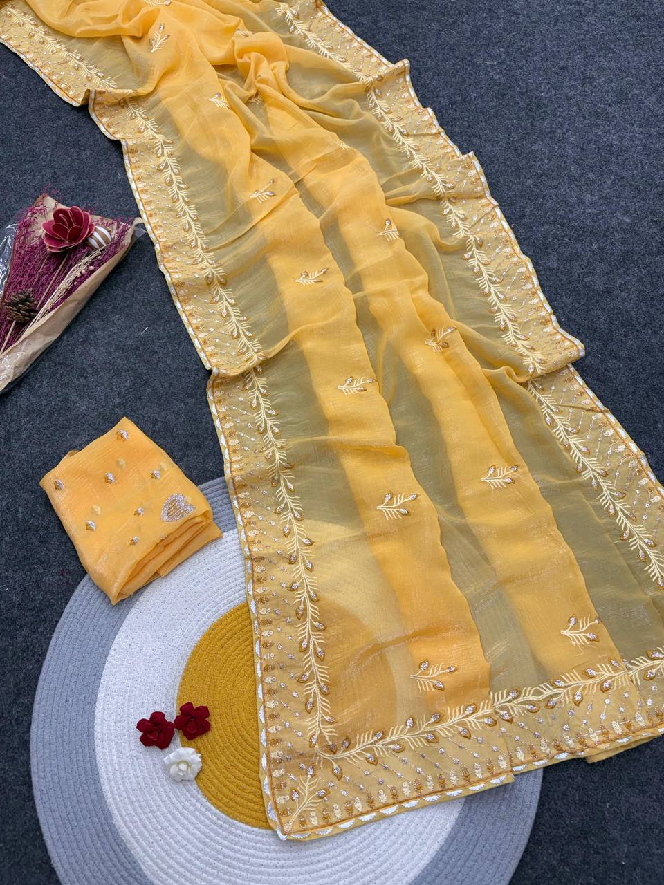 Yellow Designer Crunchy Chiffon Silk Saree