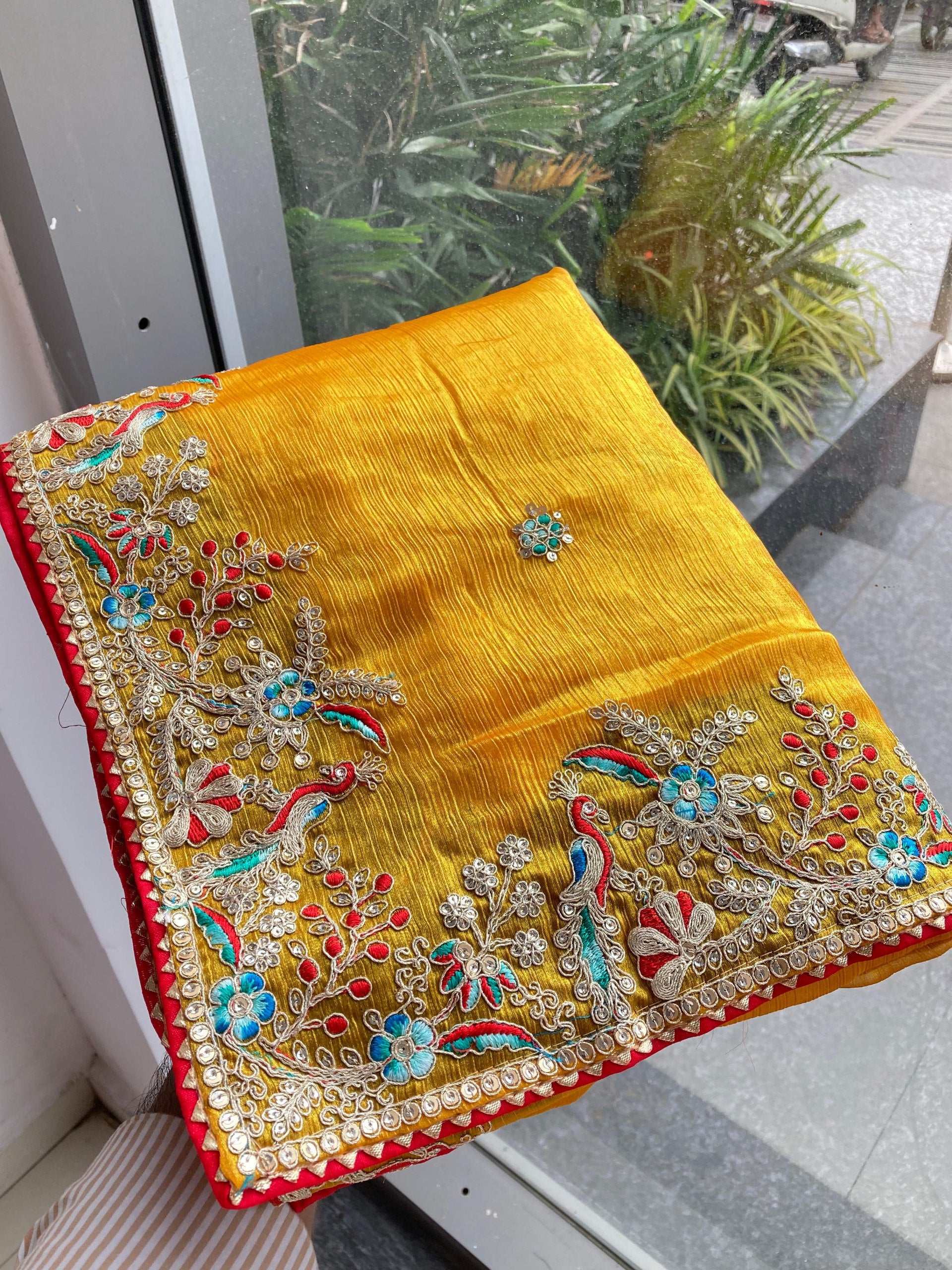 Yellow Designer Fandy Chiffon Silk Saree