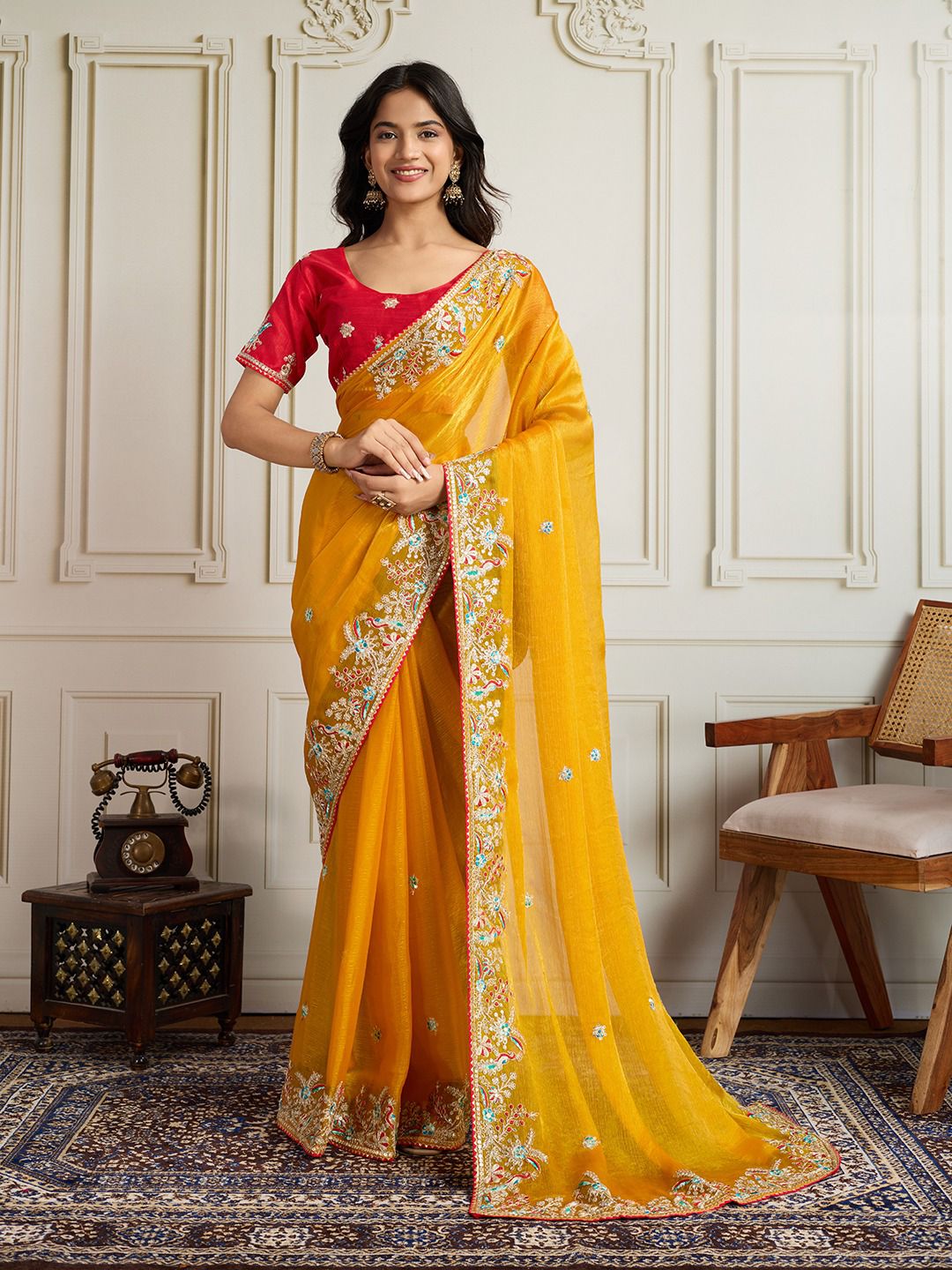 Yellow Designer Fandy Chiffon Silk Saree