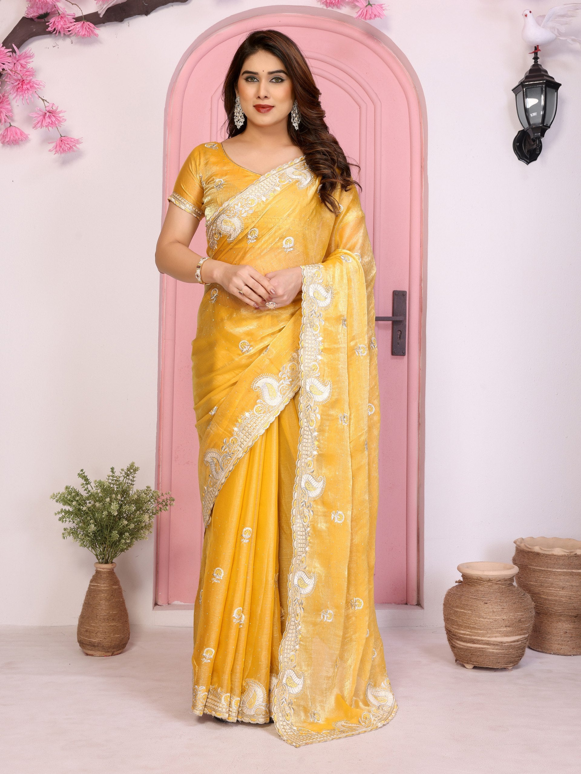Yellow Designer Fandy Chiffon Silk Saree