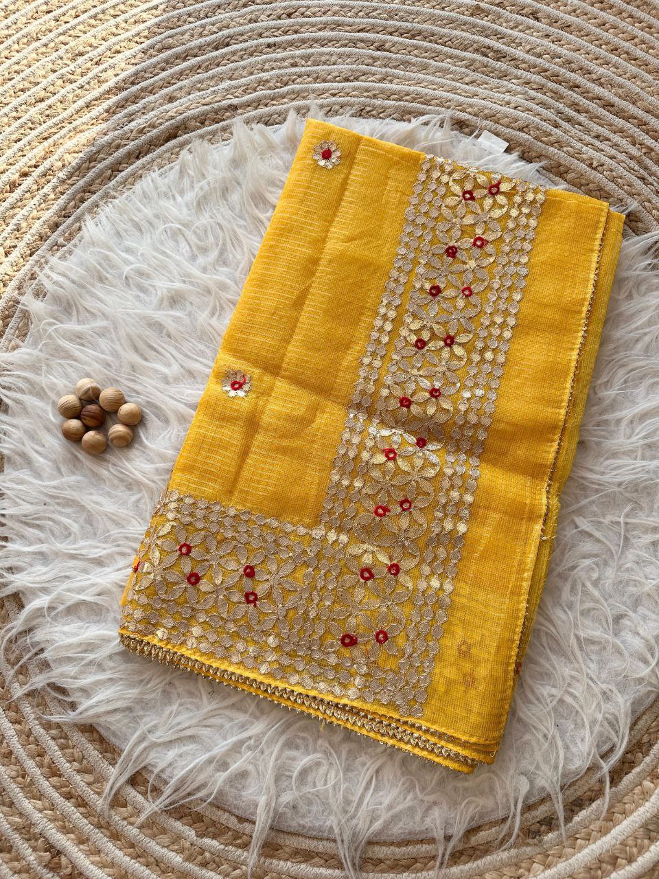 Yellow Designer Kota Doriya Saree