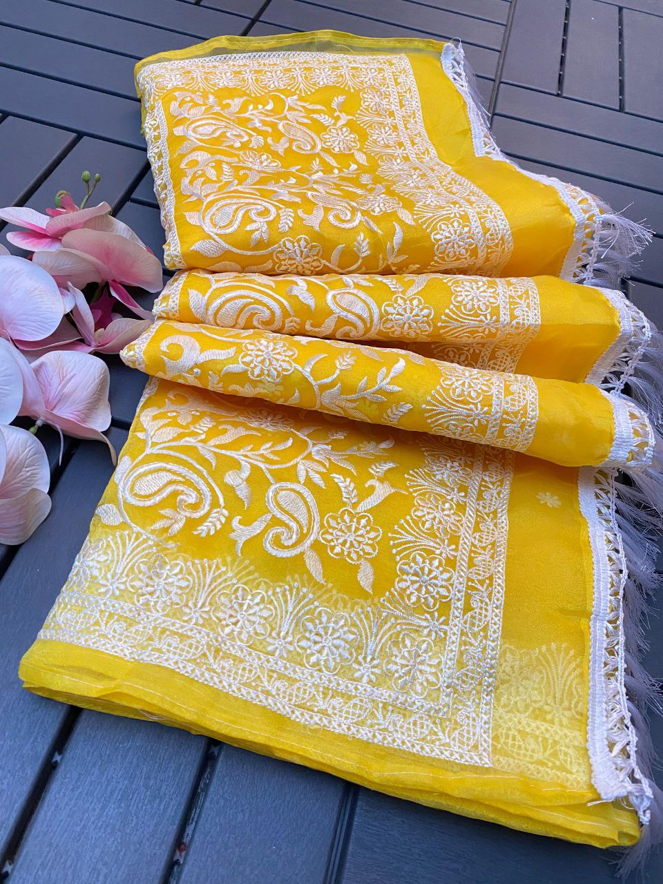 Yellow Designer Organza Saree