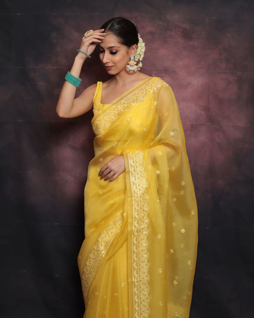 Yellow Designer Organza Saree