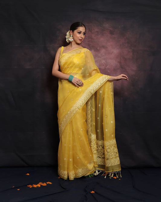 Yellow Designer Organza Saree