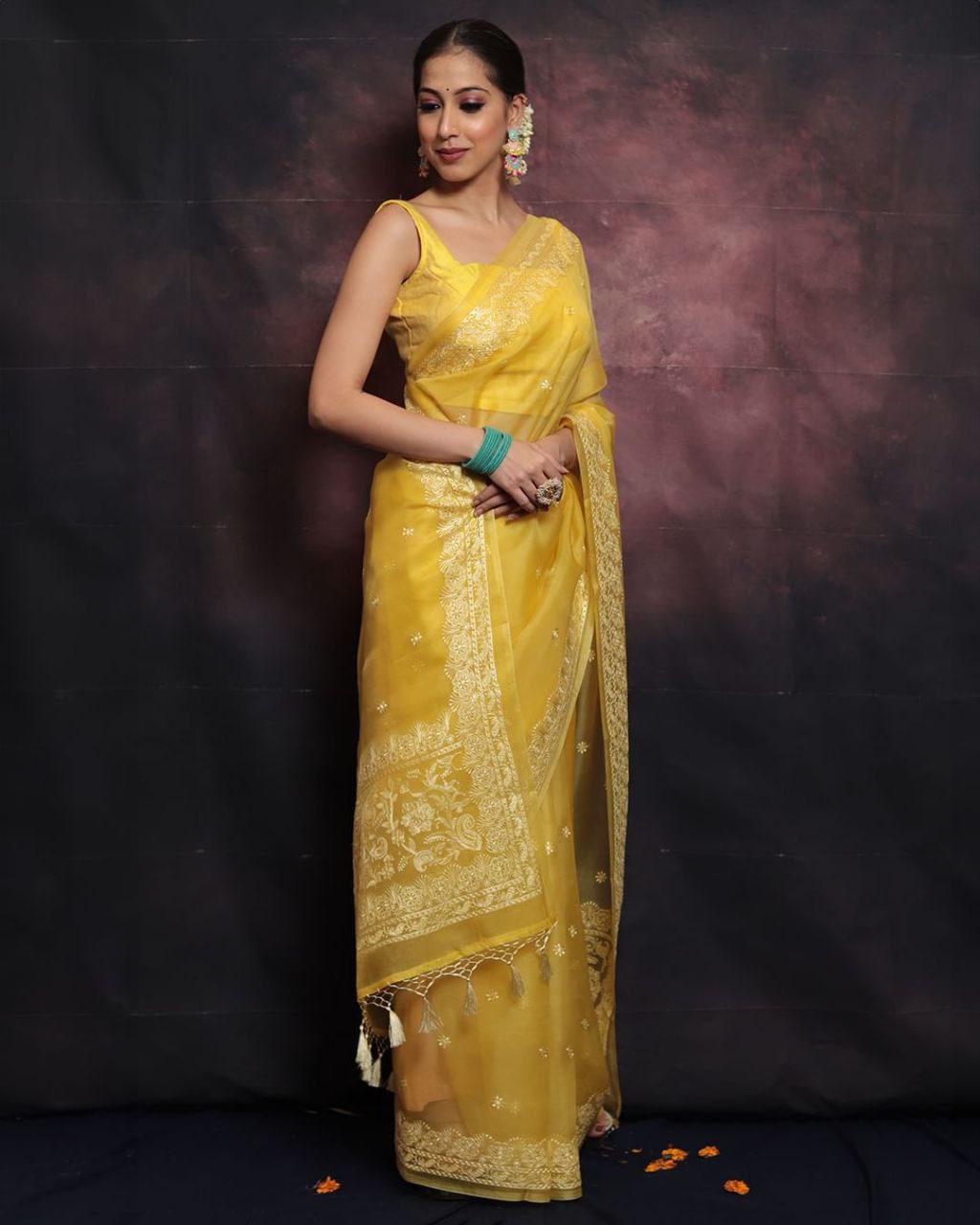 Yellow Designer Organza Saree