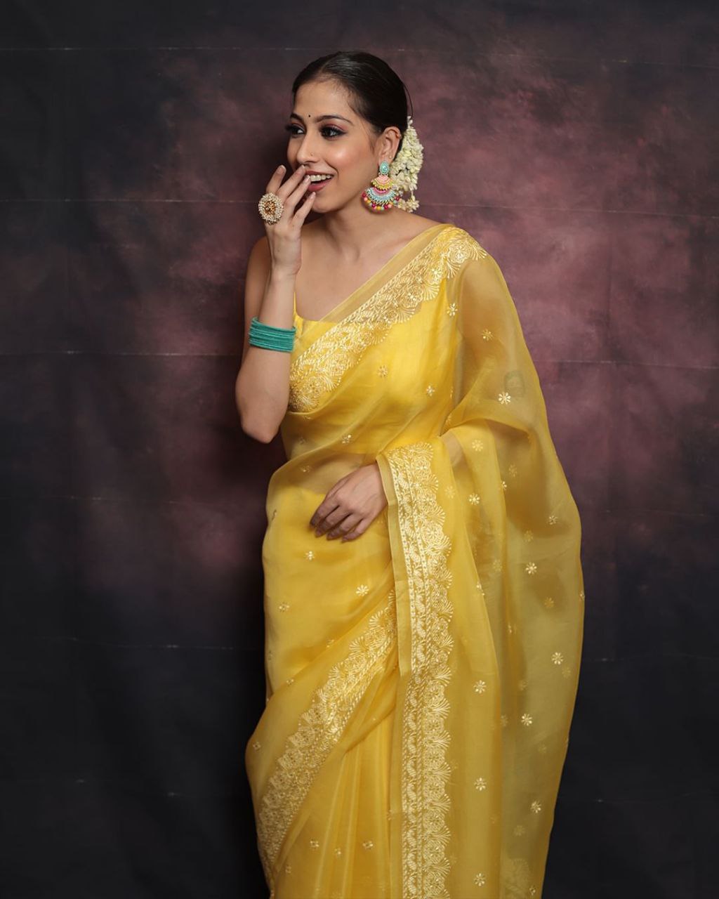 Yellow Designer Organza Saree