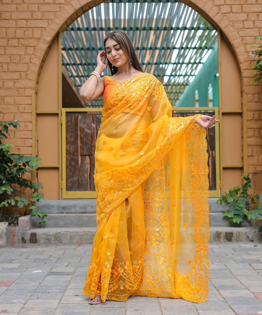 Yellow Designer Pure Organza Silk Saree