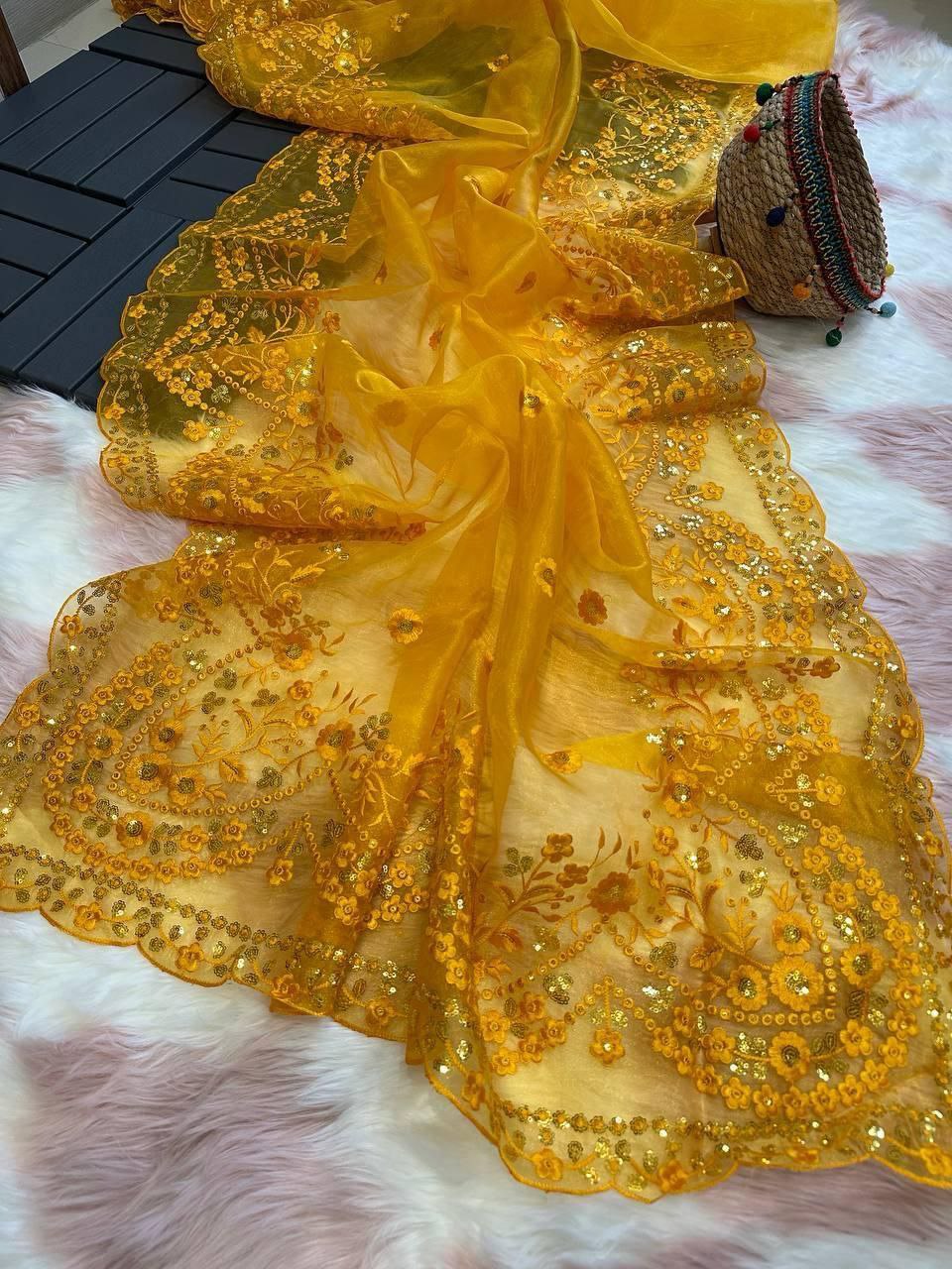 Yellow Designer Pure Organza Silk Saree