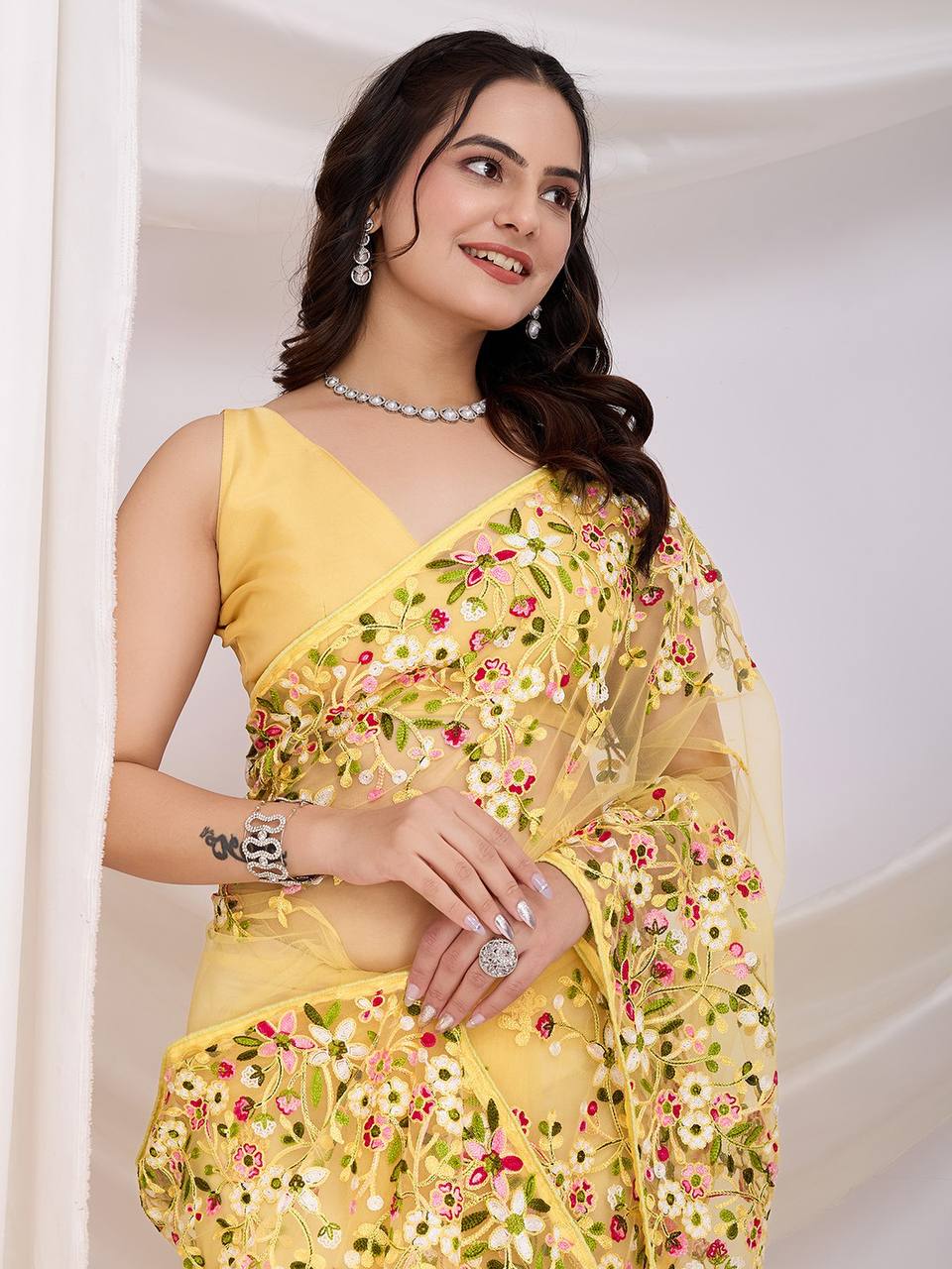 Yellow Designer Soft Net Saree