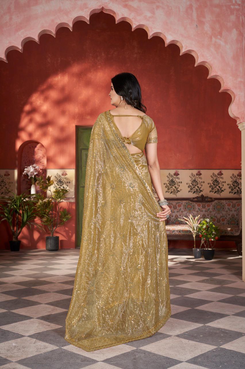 Yellow Designer Twill Net Saree