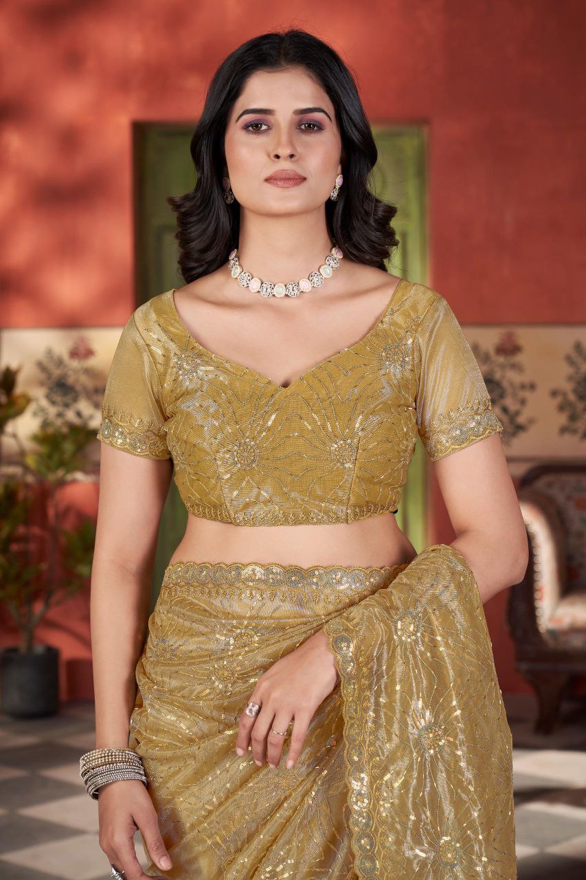 Yellow Designer Twill Net Saree