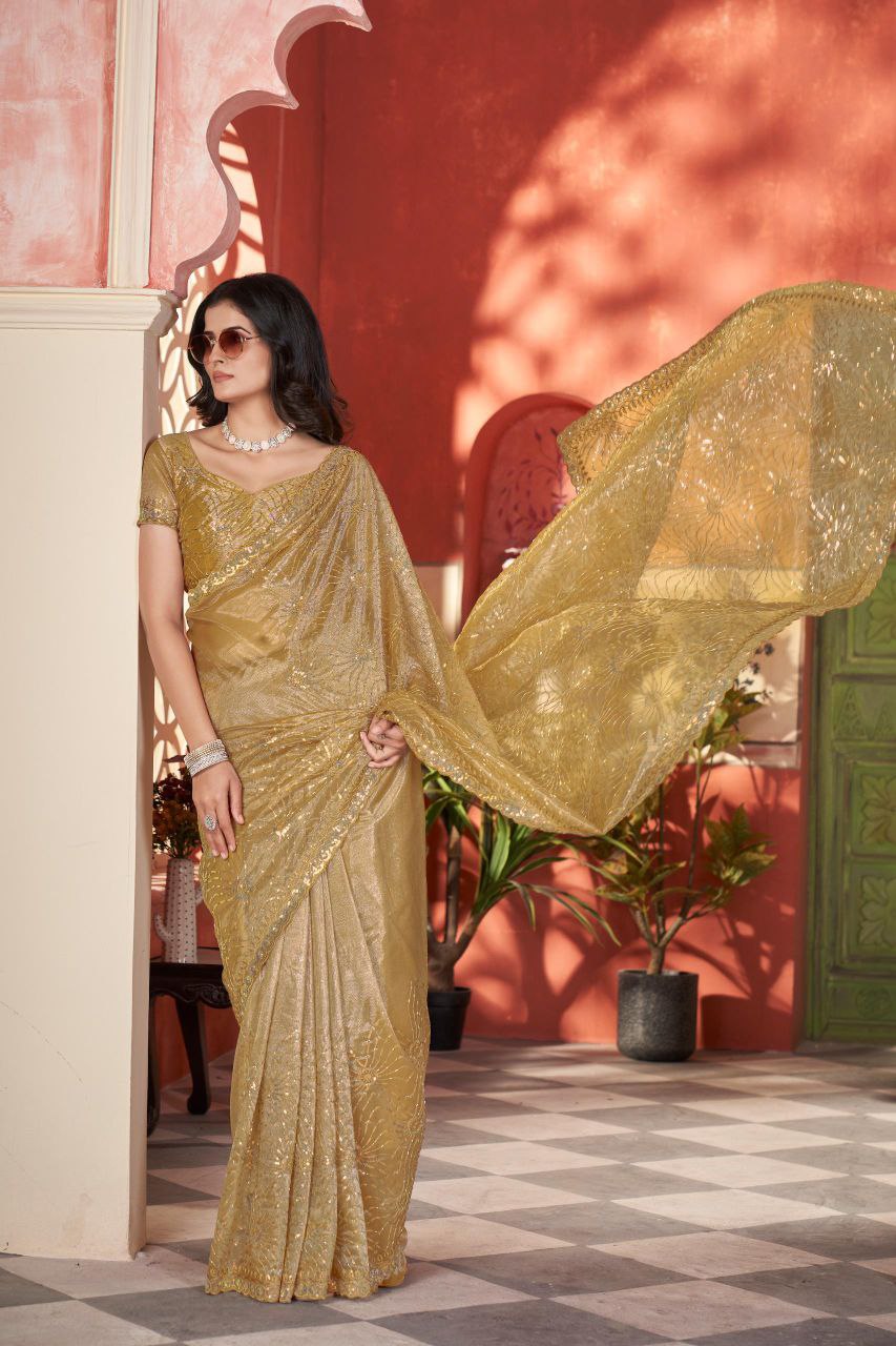 Yellow Designer Twill Net Saree