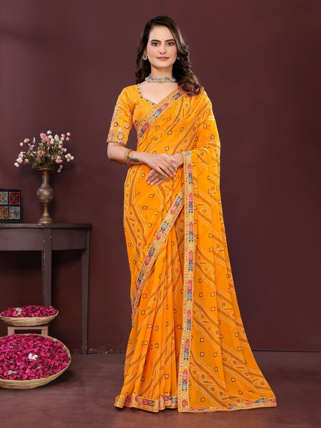 Yellow Digital Printed Georgette Saree
