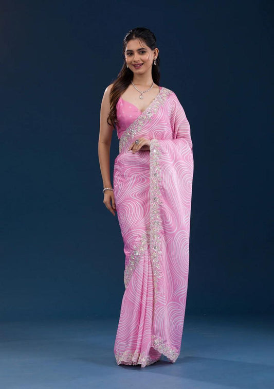 Pink Digital Printed Georgette Saree