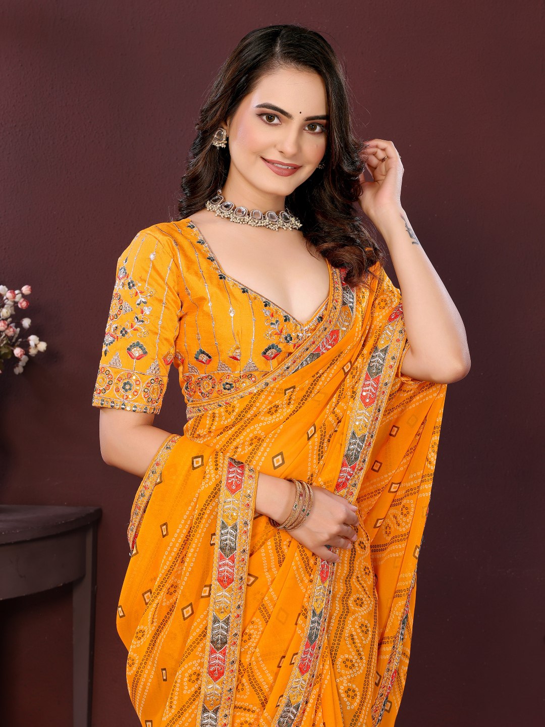 Yellow Digital Printed Georgette Saree