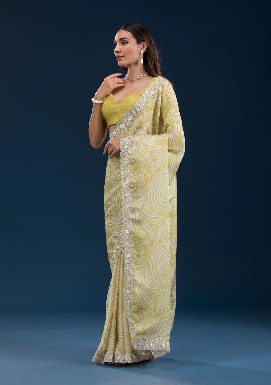 Yellow Digital Printed Georgette Saree