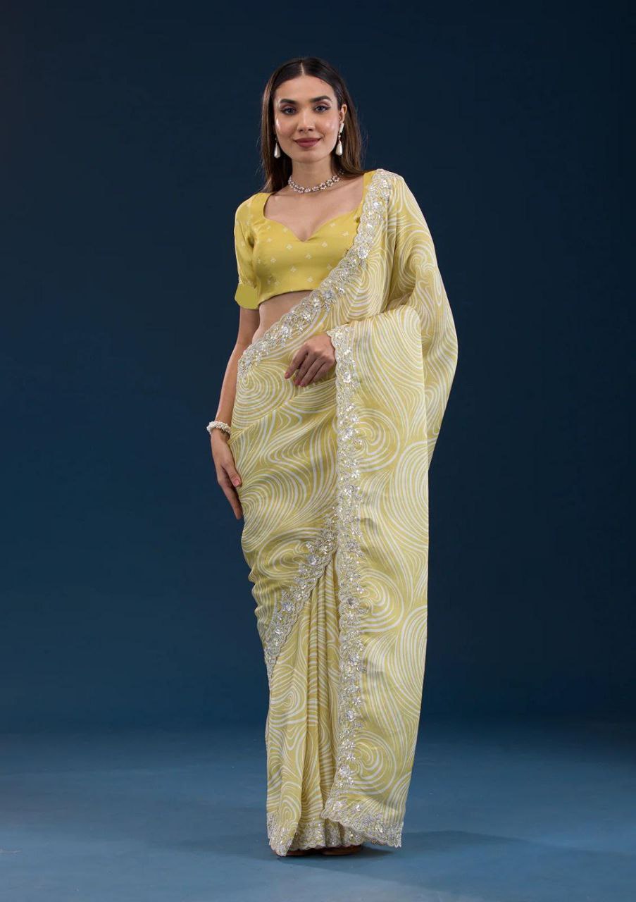 Yellow Digital Printed Georgette Saree