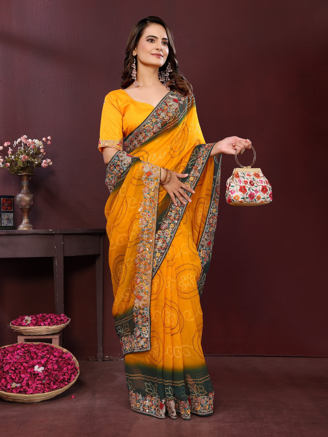 Yellow Digital Printed Wedding Wear Georgette Saree