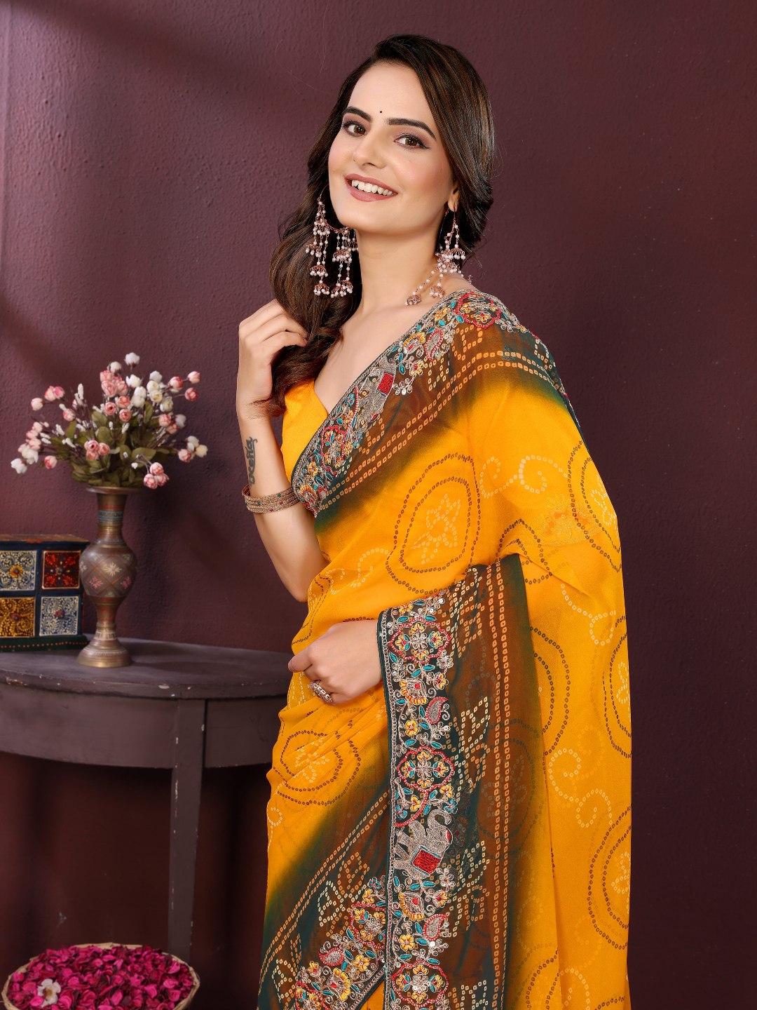 Yellow Digital Printed Wedding Wear Georgette Saree