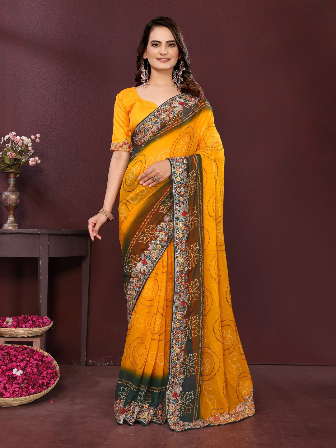 Yellow Digital Printed Wedding Wear Georgette Saree