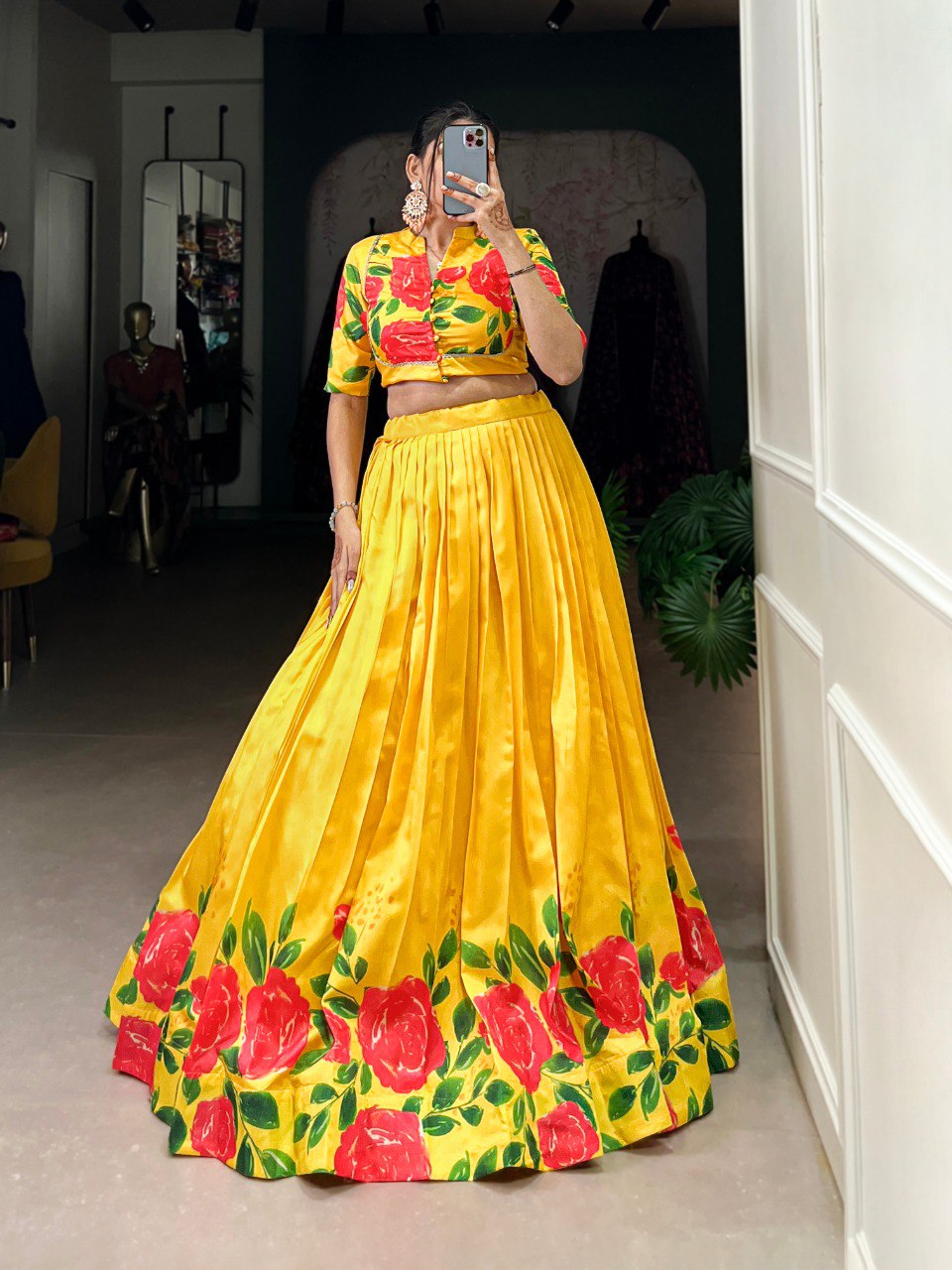 Yellow Floral Printed Tussar Silk Lehenga