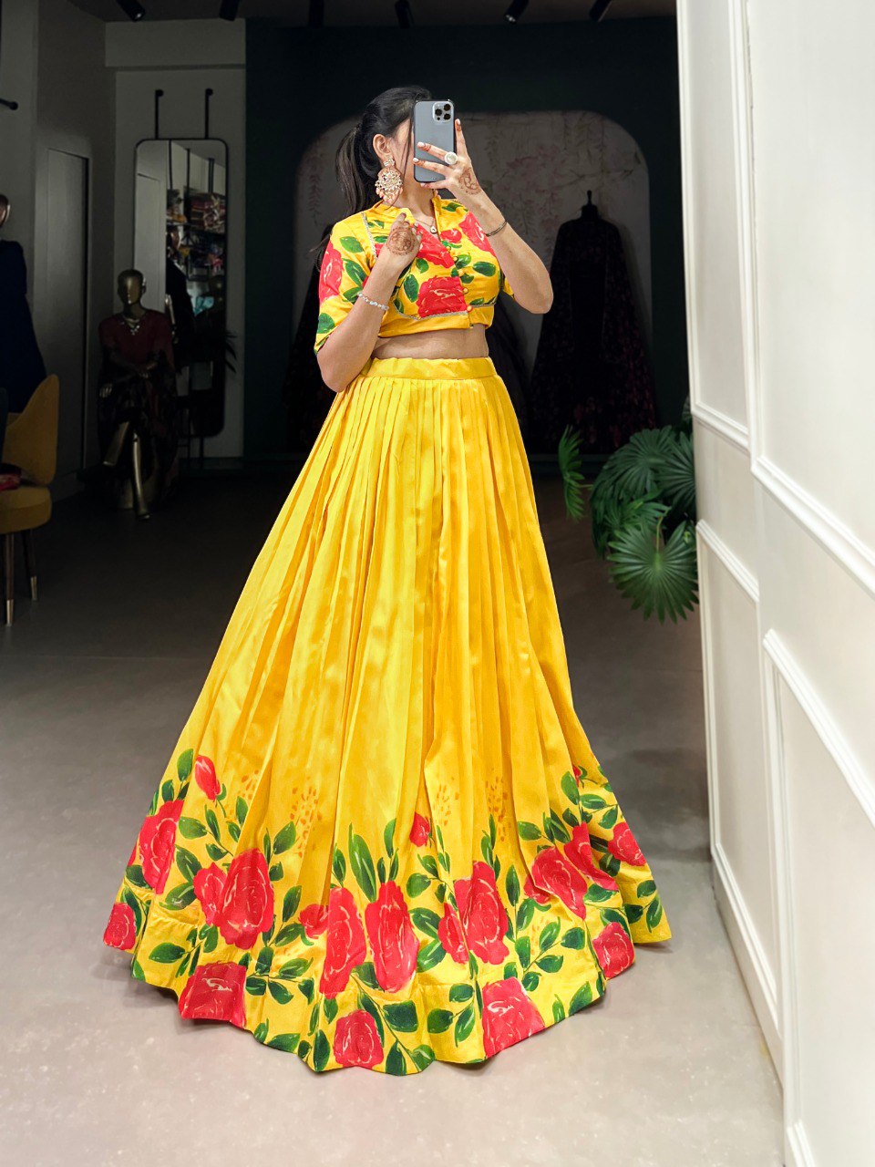 Yellow Floral Printed Tussar Silk Lehenga