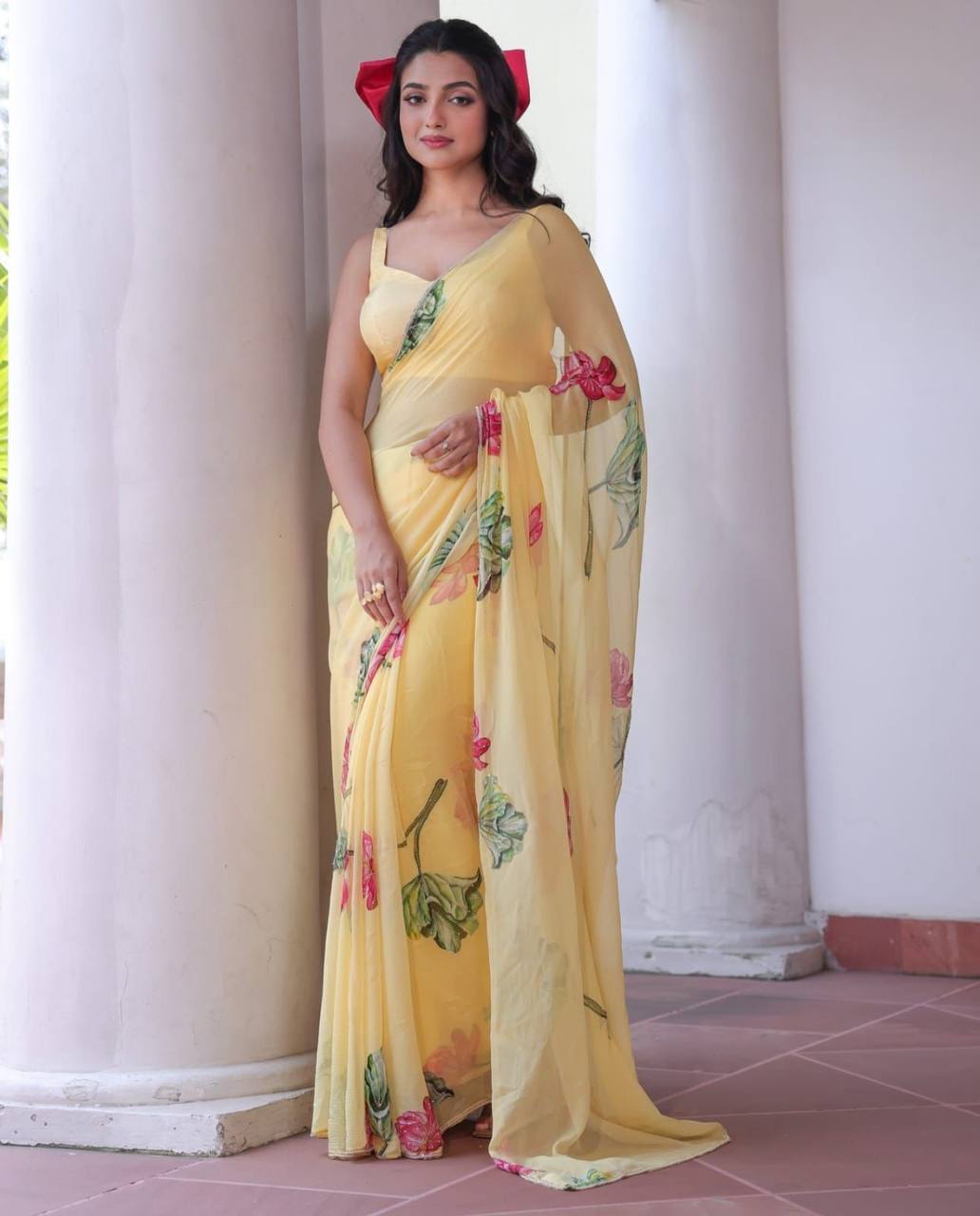 Yellow Floral Tabby Organza Saree