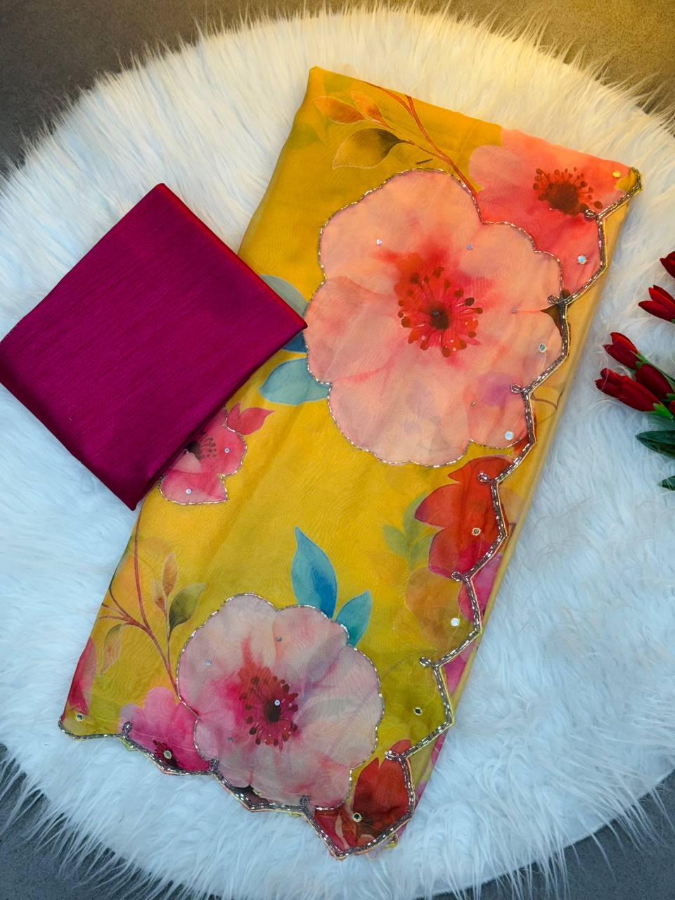 Yellow Floral Tabby Organza Saree