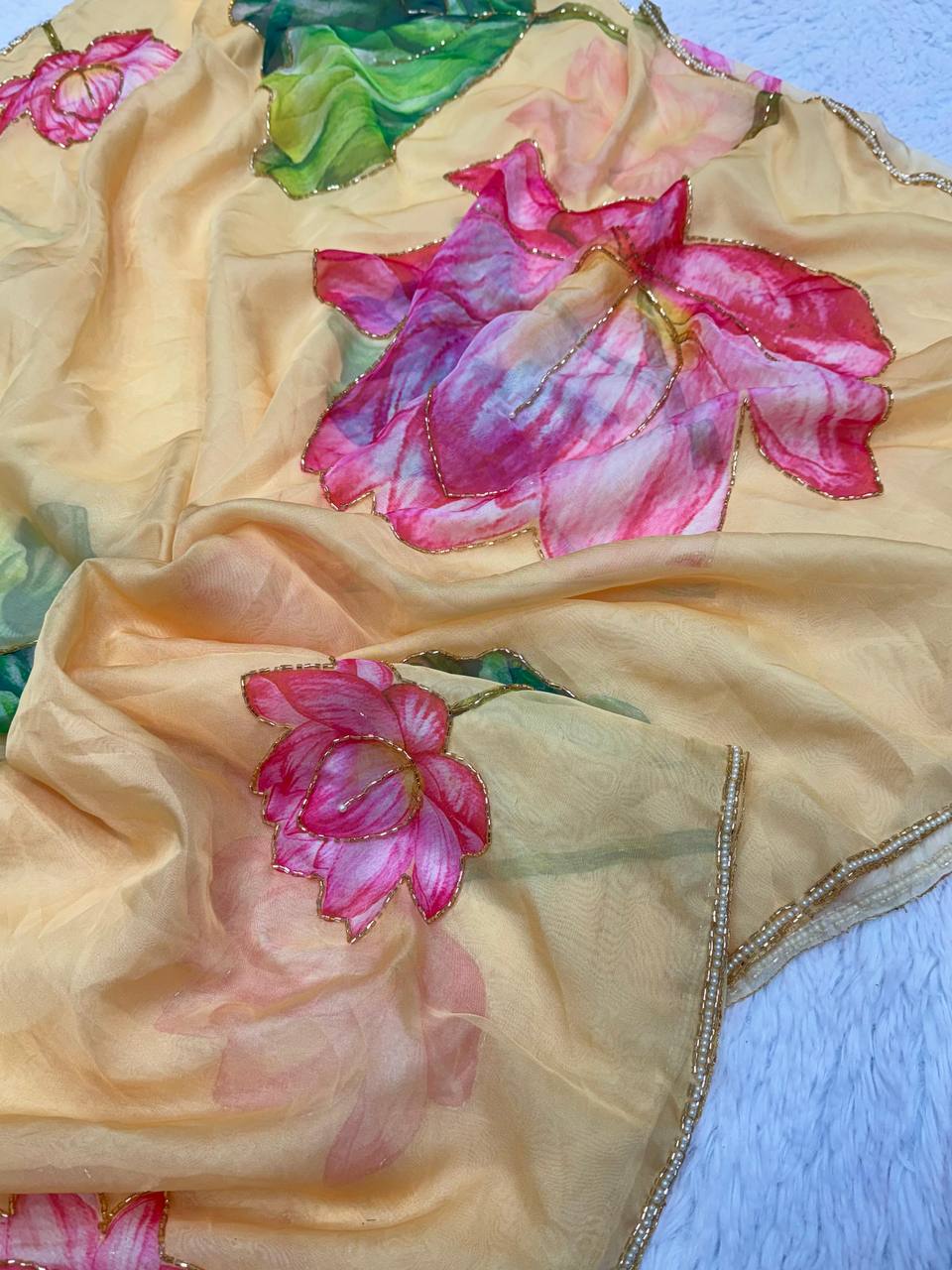 Yellow Floral Tabby Organza Saree