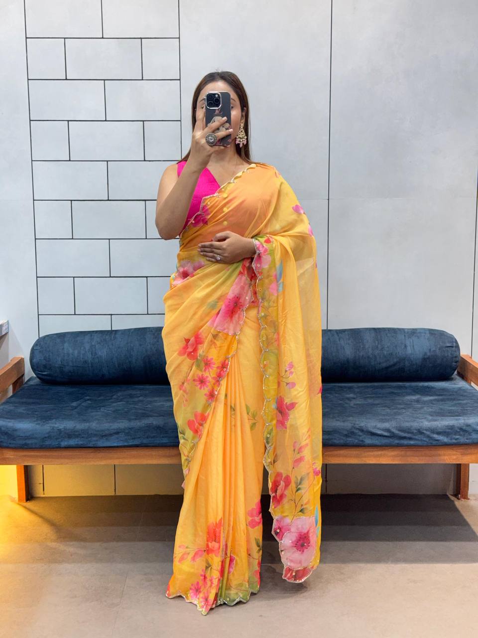 Yellow Floral Tabby Organza Saree