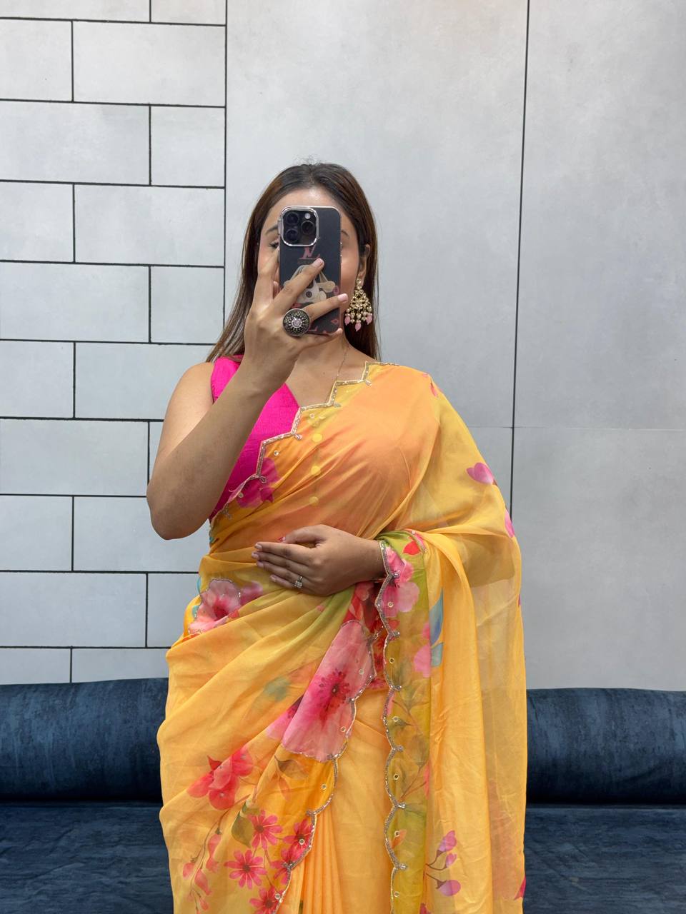 Yellow Floral Tabby Organza Saree