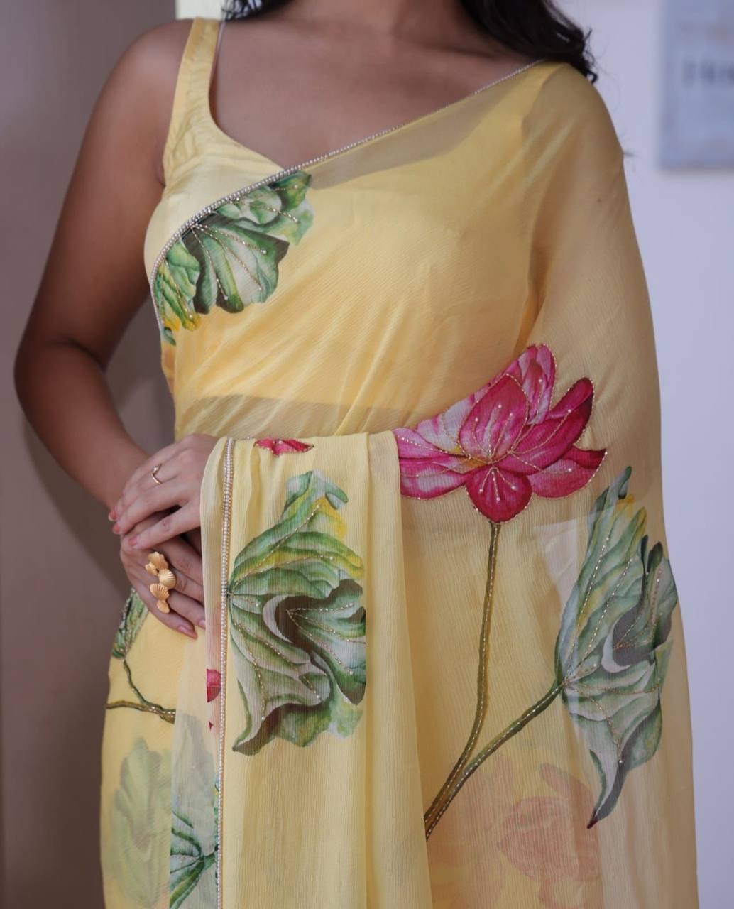 Yellow Floral Tabby Organza Saree