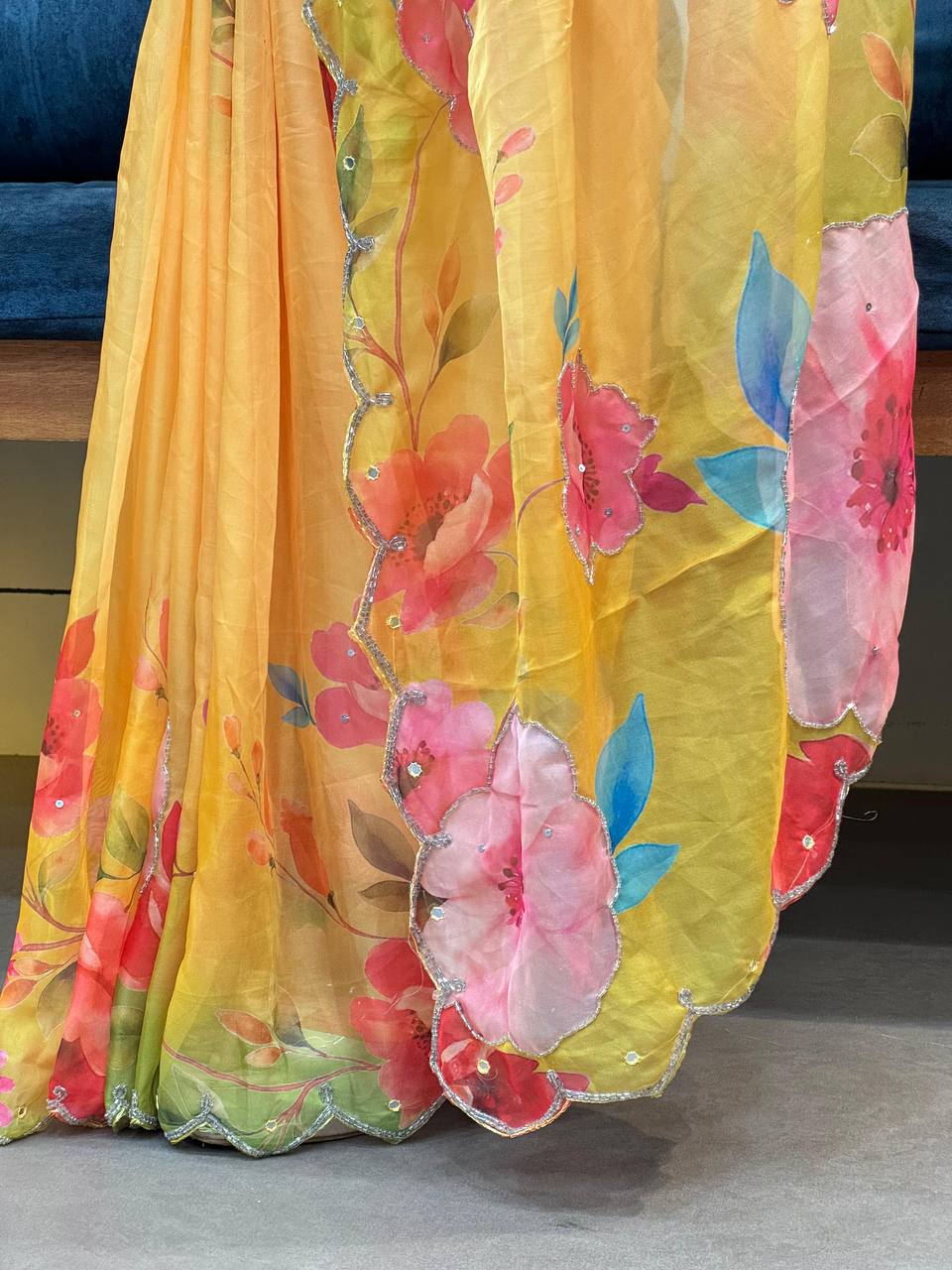 Yellow Floral Tabby Organza Saree