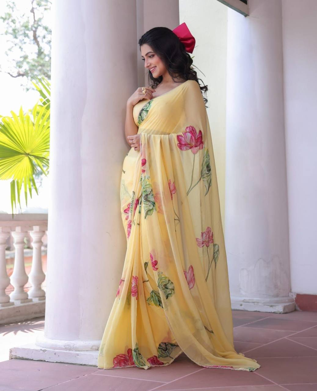 Yellow Floral Tabby Organza Saree