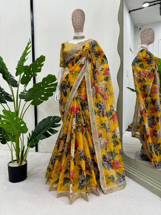 Yellow Heavy Tabby Silk Saree