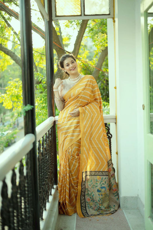 Yellow Leheriya Printed Tussar Silk Saree