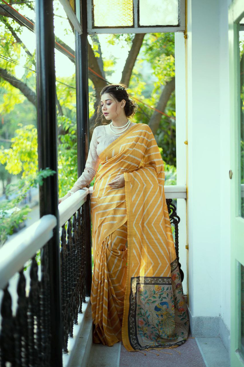 Yellow Leheriya Printed Tussar Silk Saree