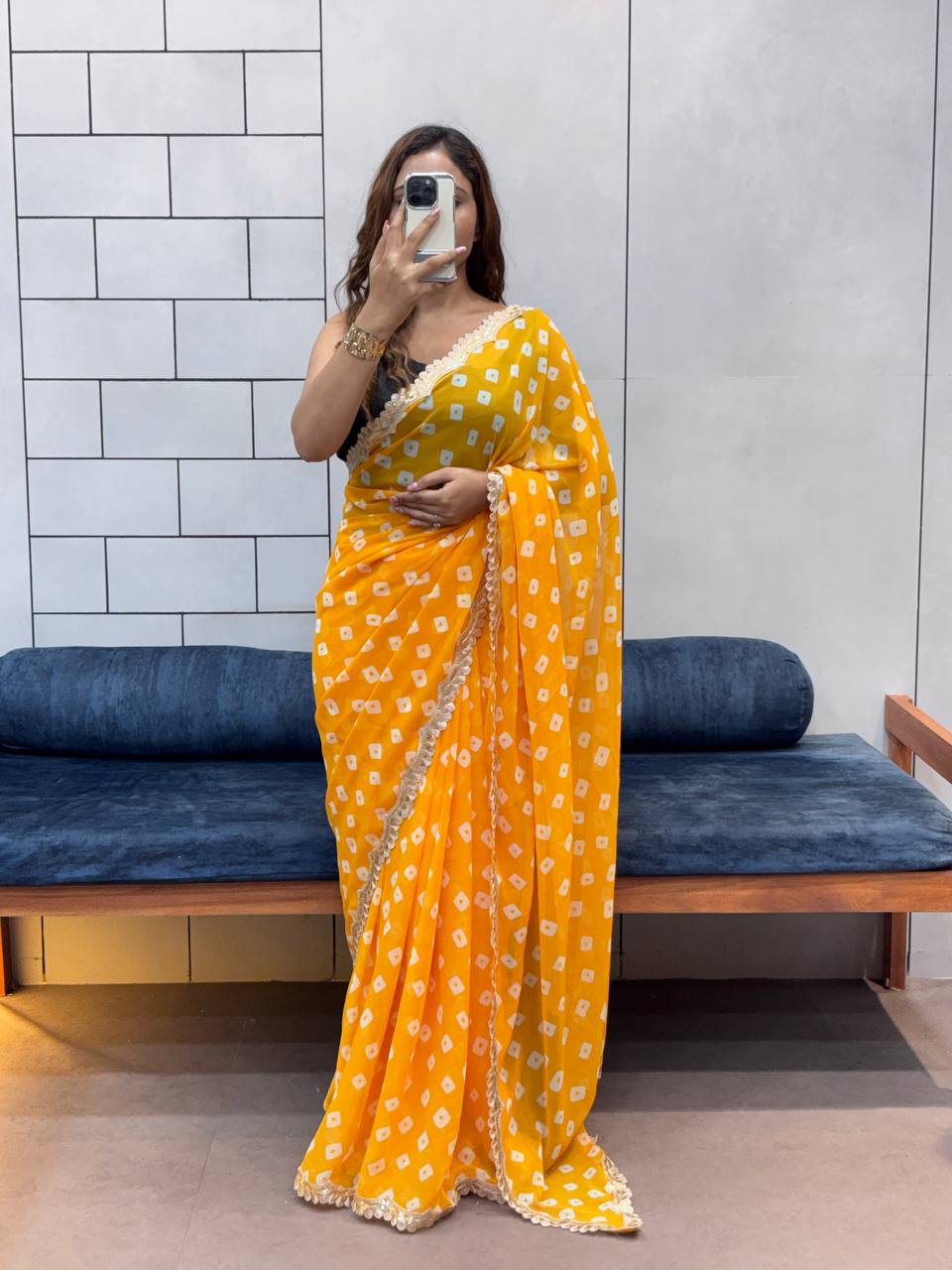 Yellow Leriya Printed Bandhej Soft Georgette Saree