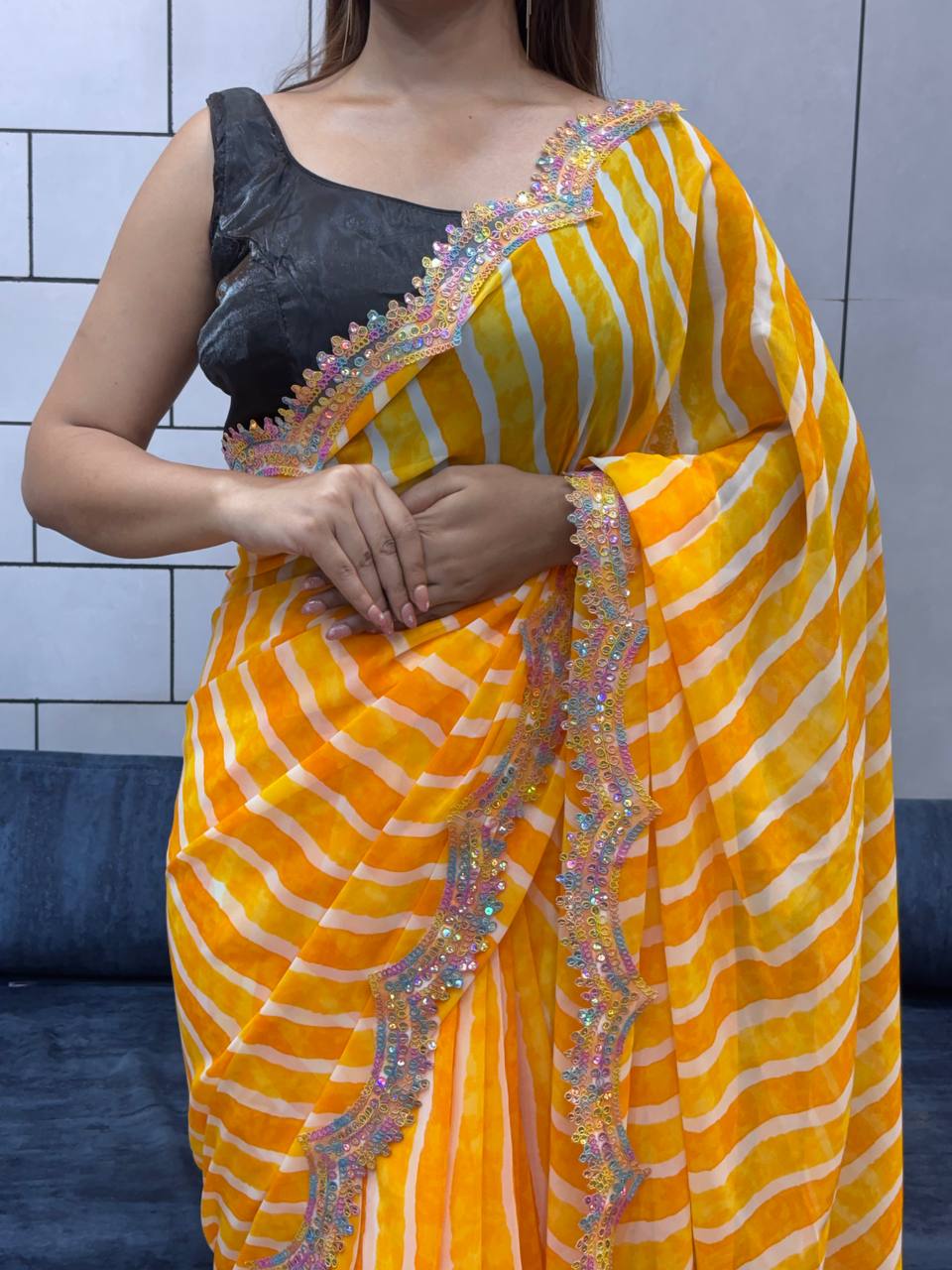 Yellow Leriya Printed Soft Georgette Saree