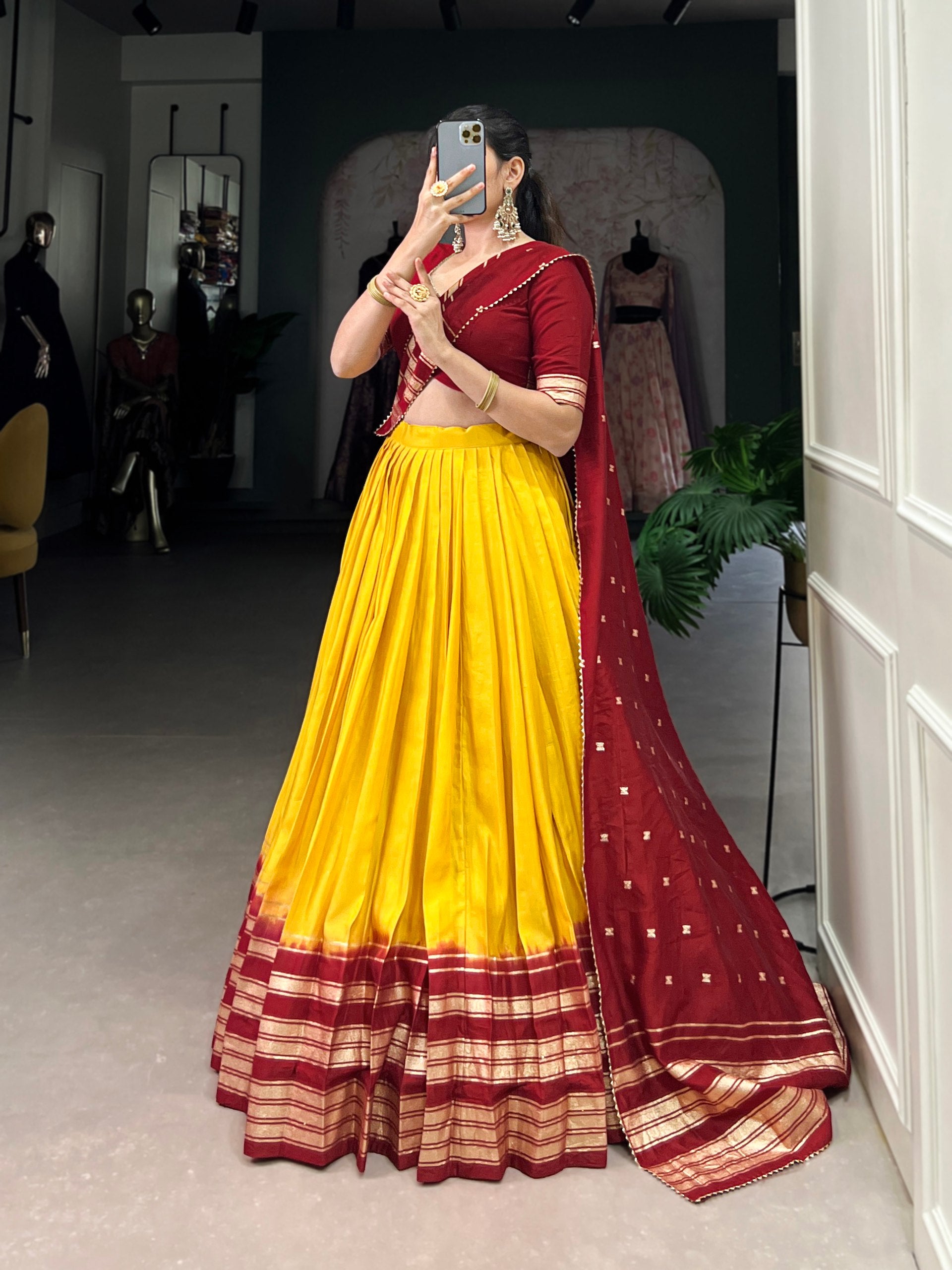 Yellow & Maroon Designer Chanderi Lehenga
