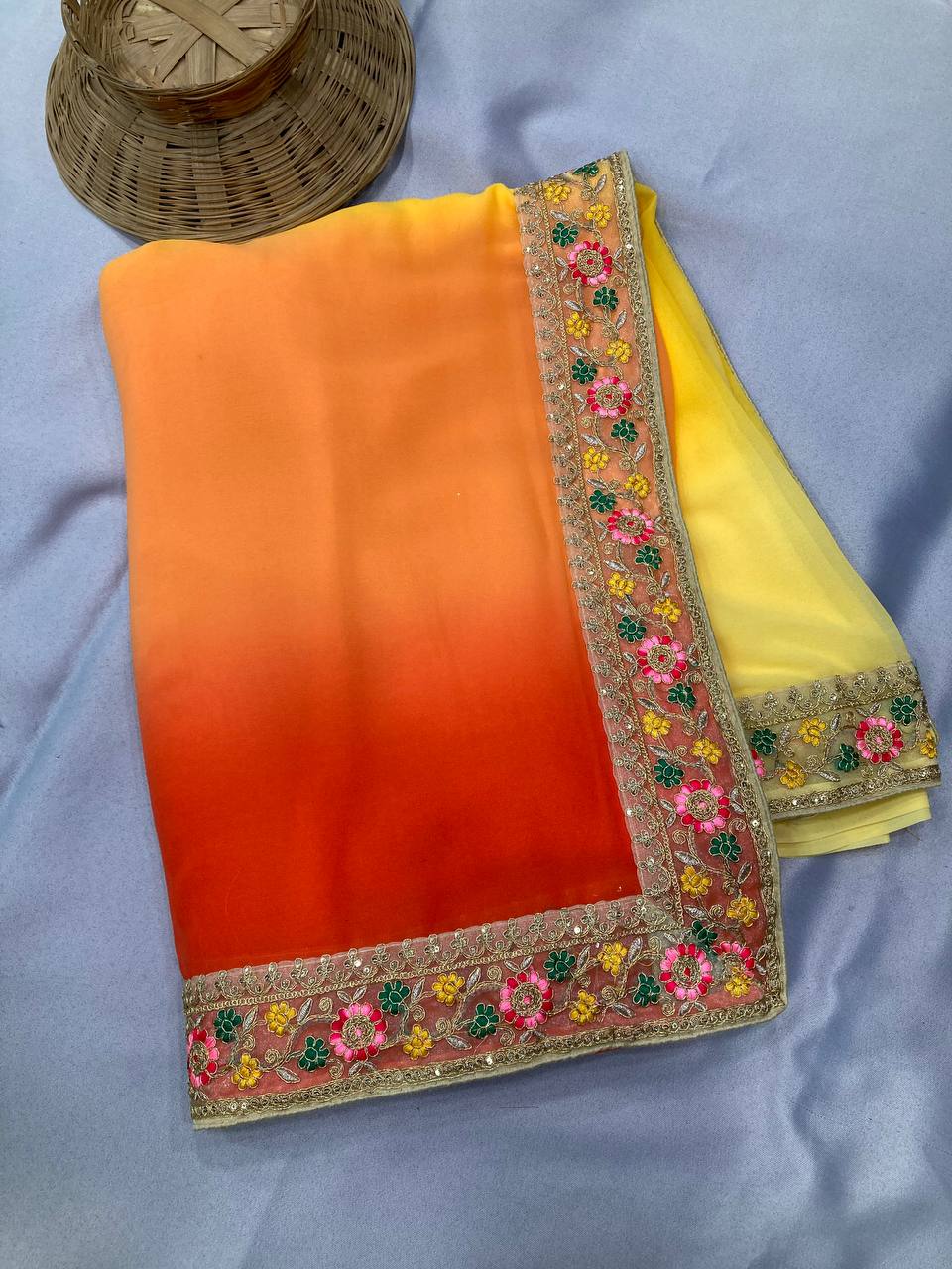 Yellow & Orange Digital Printed Georgette Saree