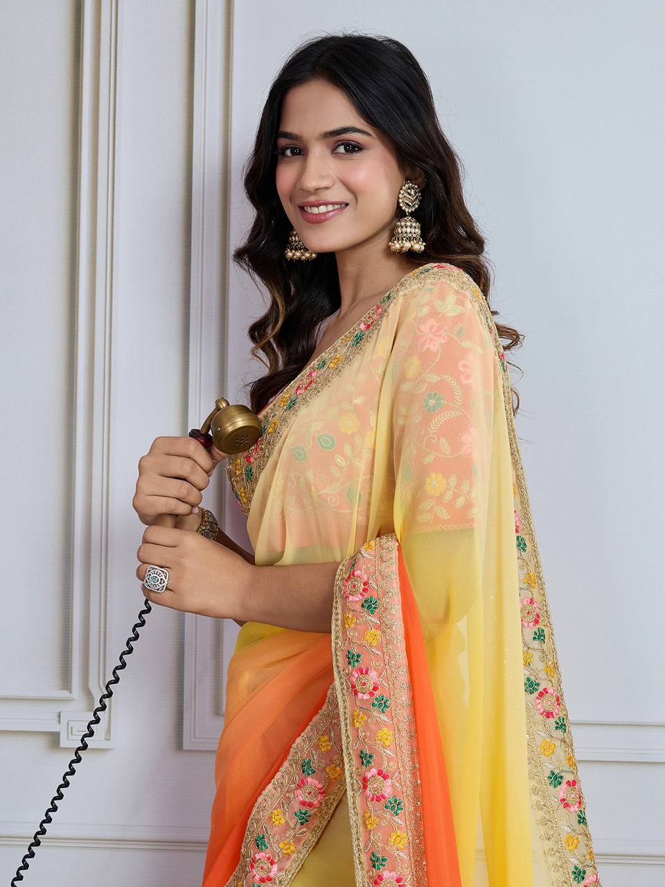 Yellow & Orange Digital Printed Georgette Saree