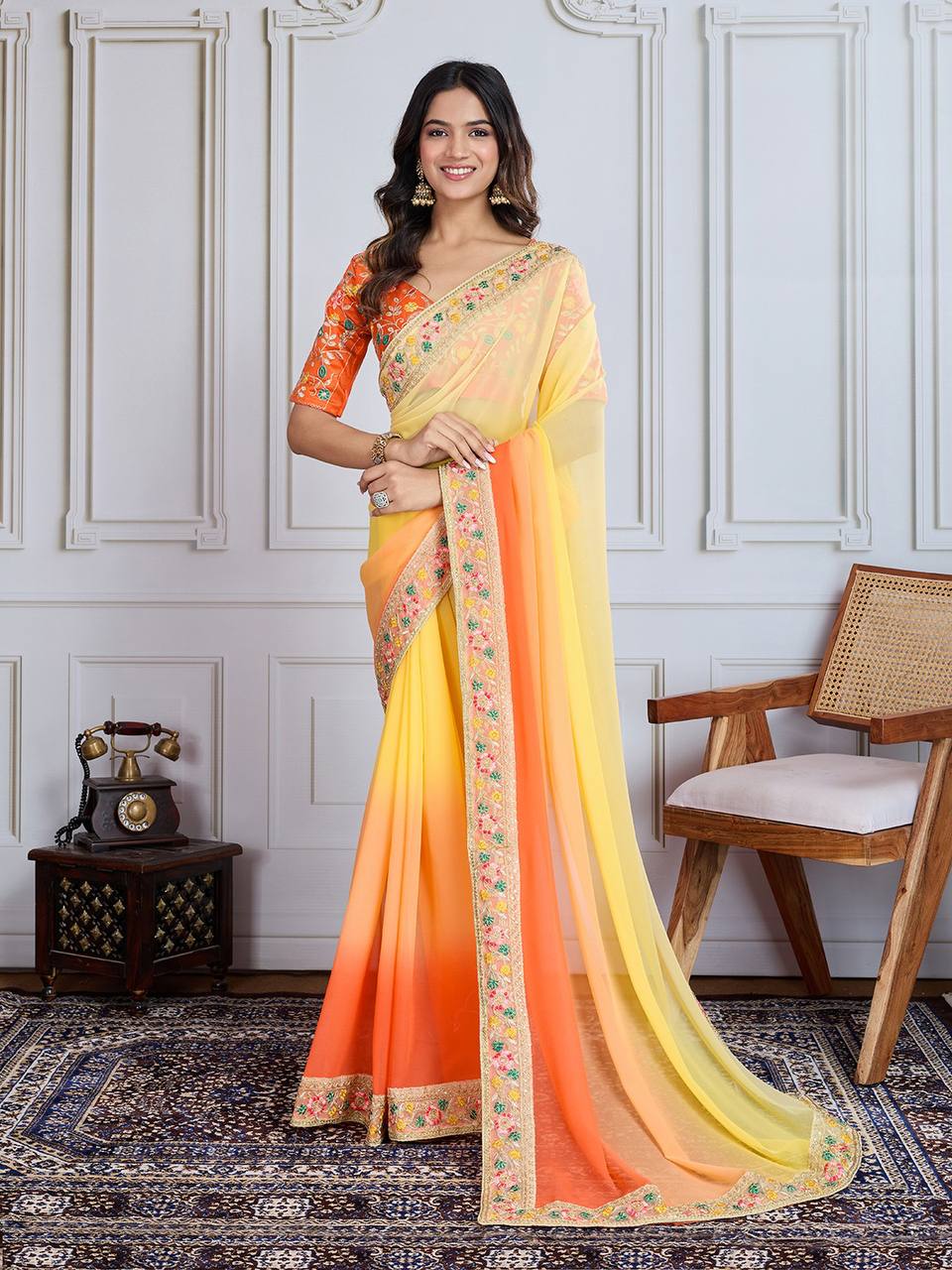 Yellow & Orange Digital Printed Georgette Saree