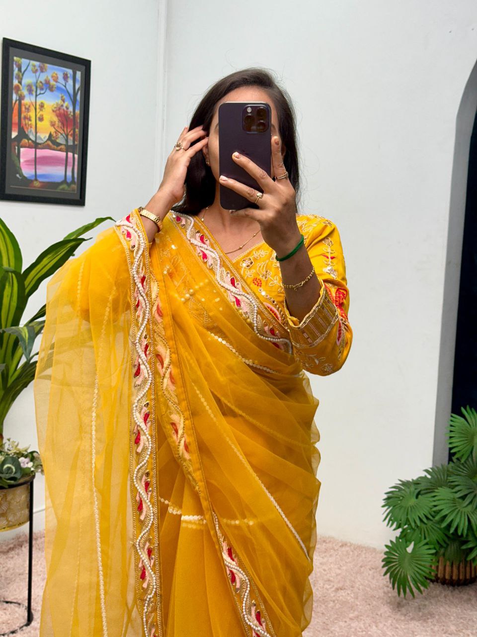 Yellow Party Wear Butterfly Net Saree