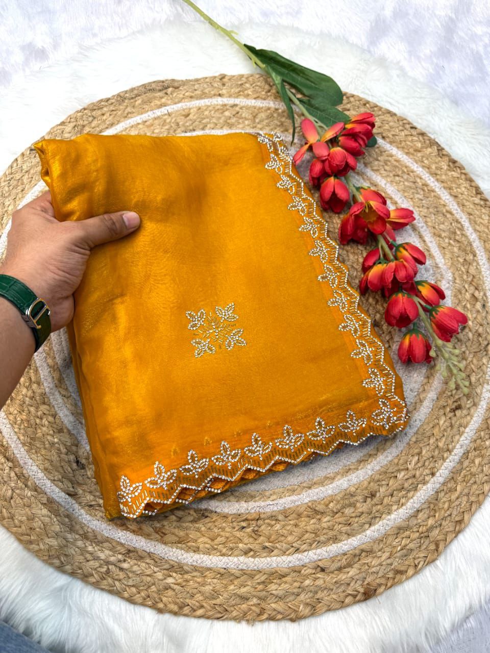 Yellow Party Wear Fandy Satin Silk Saree