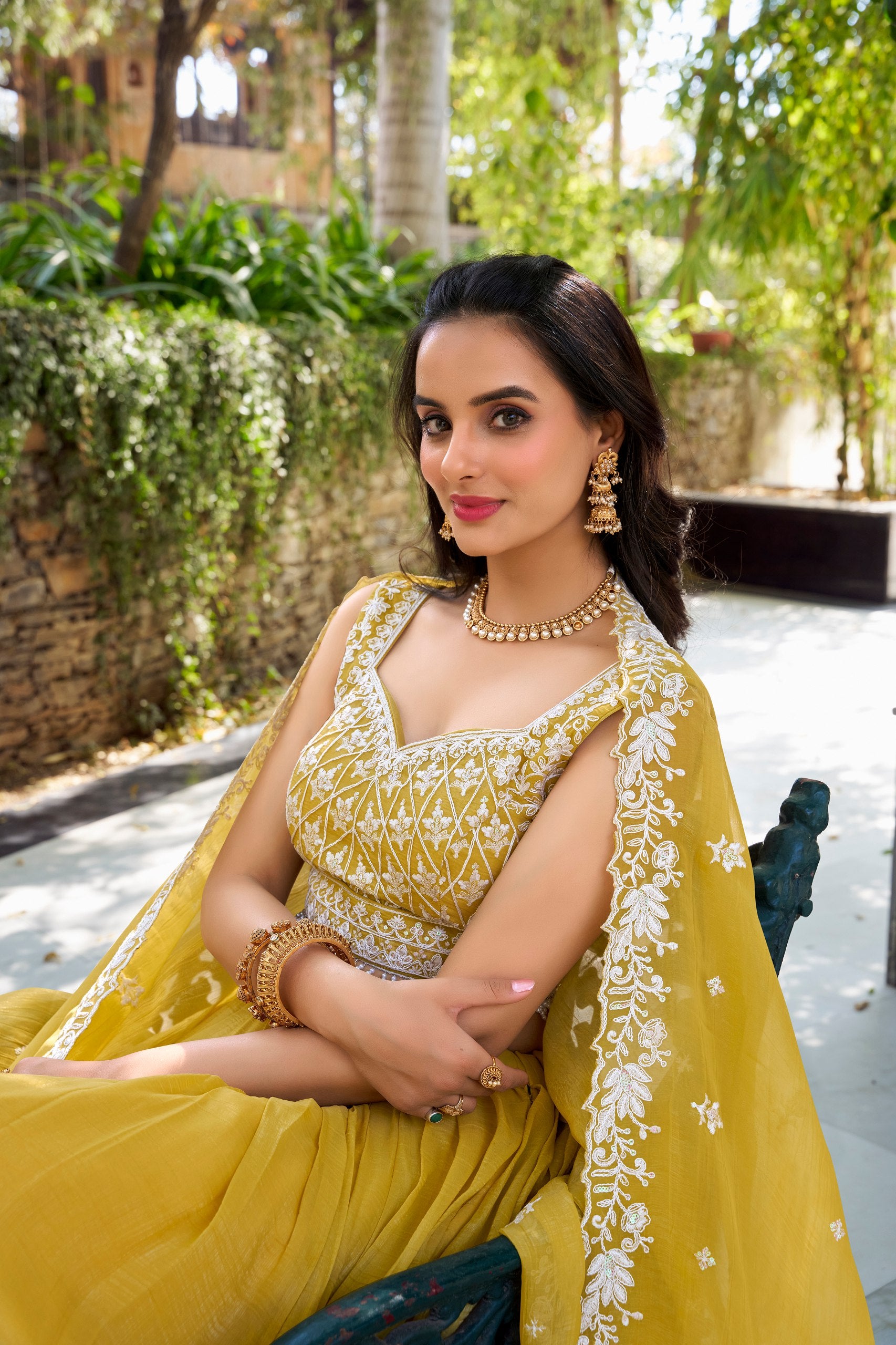 Yellow Party Wear Gold Crush Lehenga