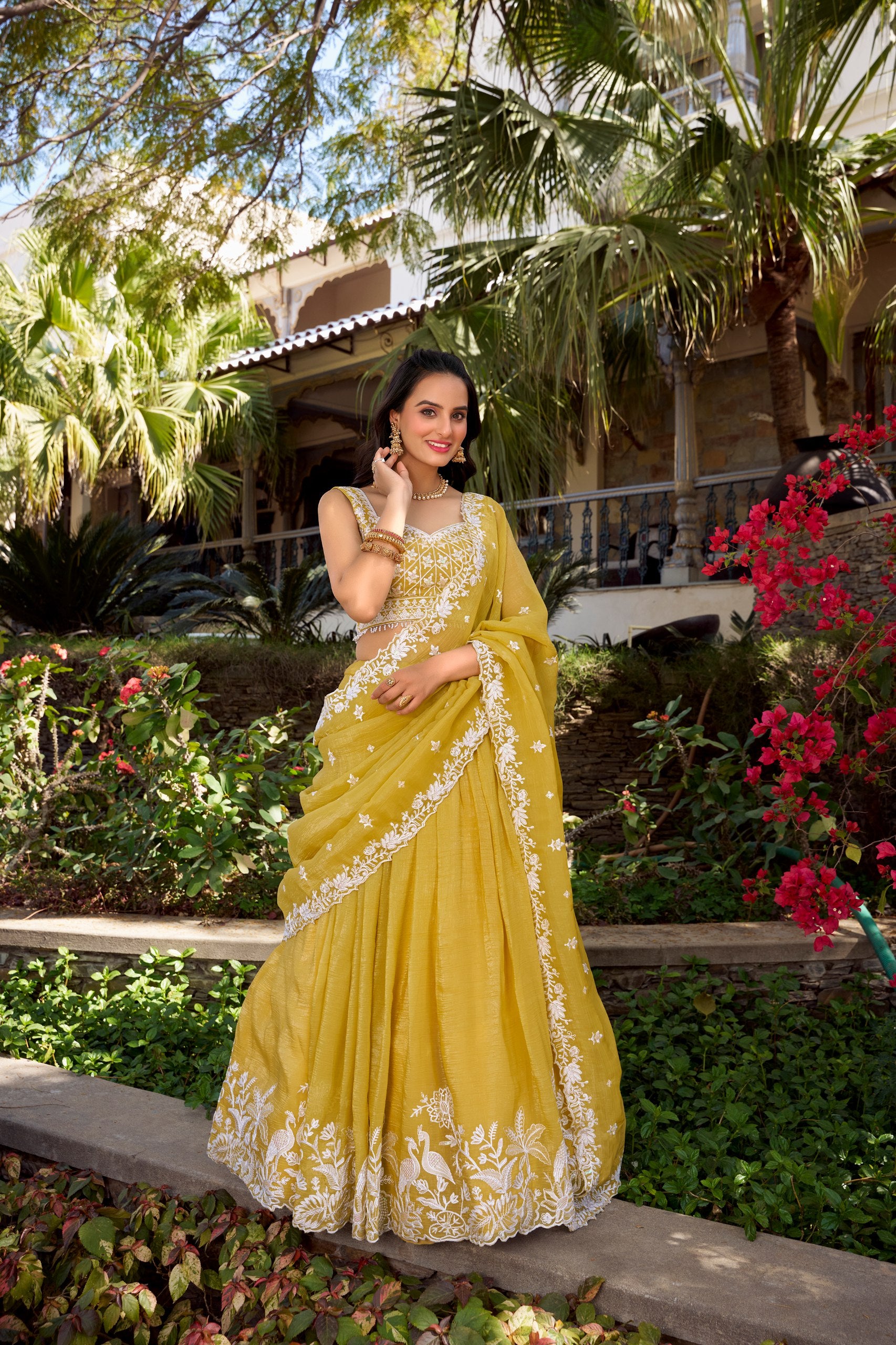 Yellow Party Wear Gold Crush Lehenga