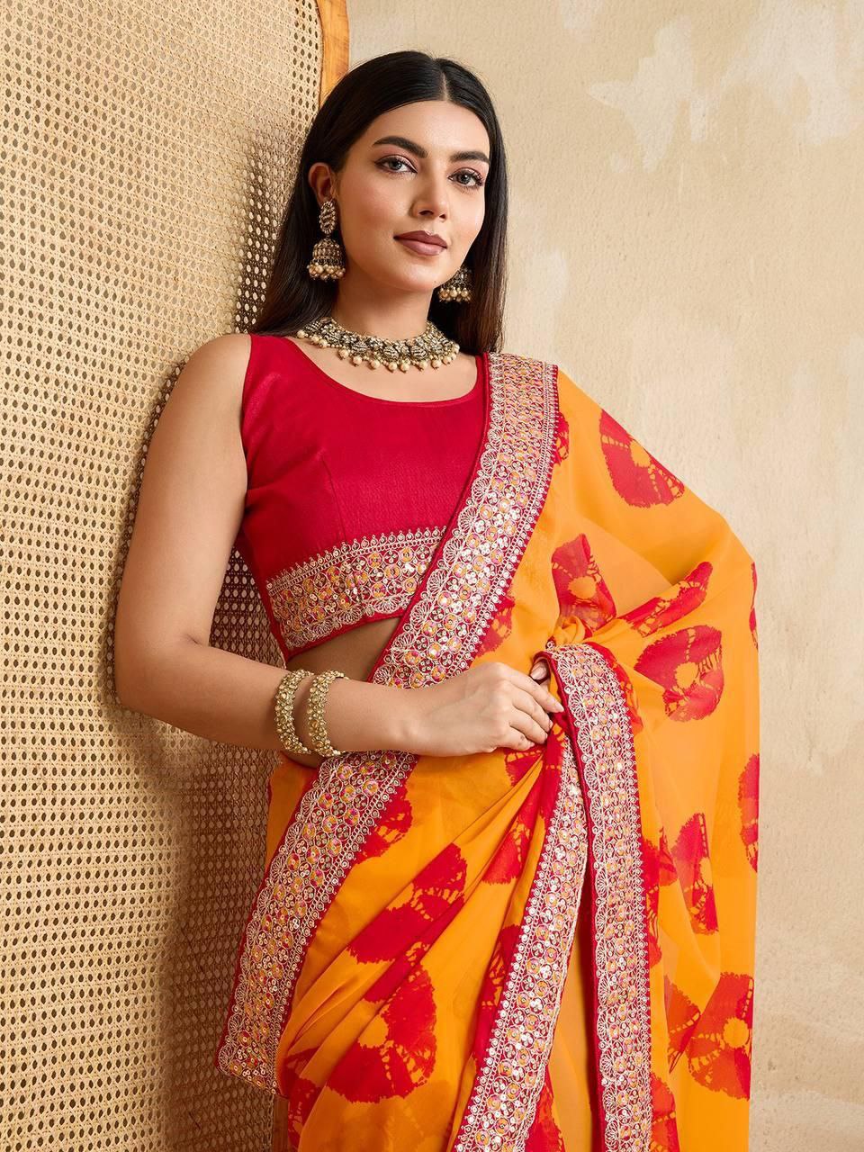 Yellow Party Wear Soft Georgette Bandhej Saree