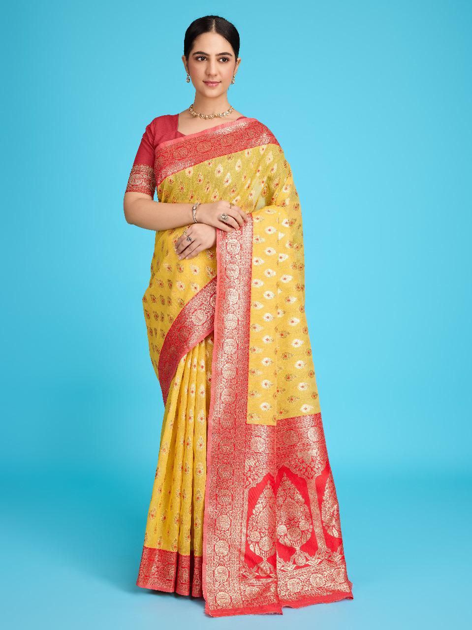 Yellow Pure Linen Banarasi Silk Saree