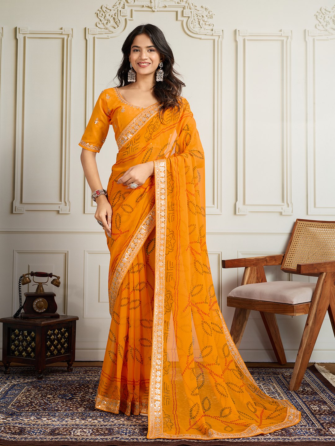 Yellow Rajwadi Bandhej Printed Georgette Saree
